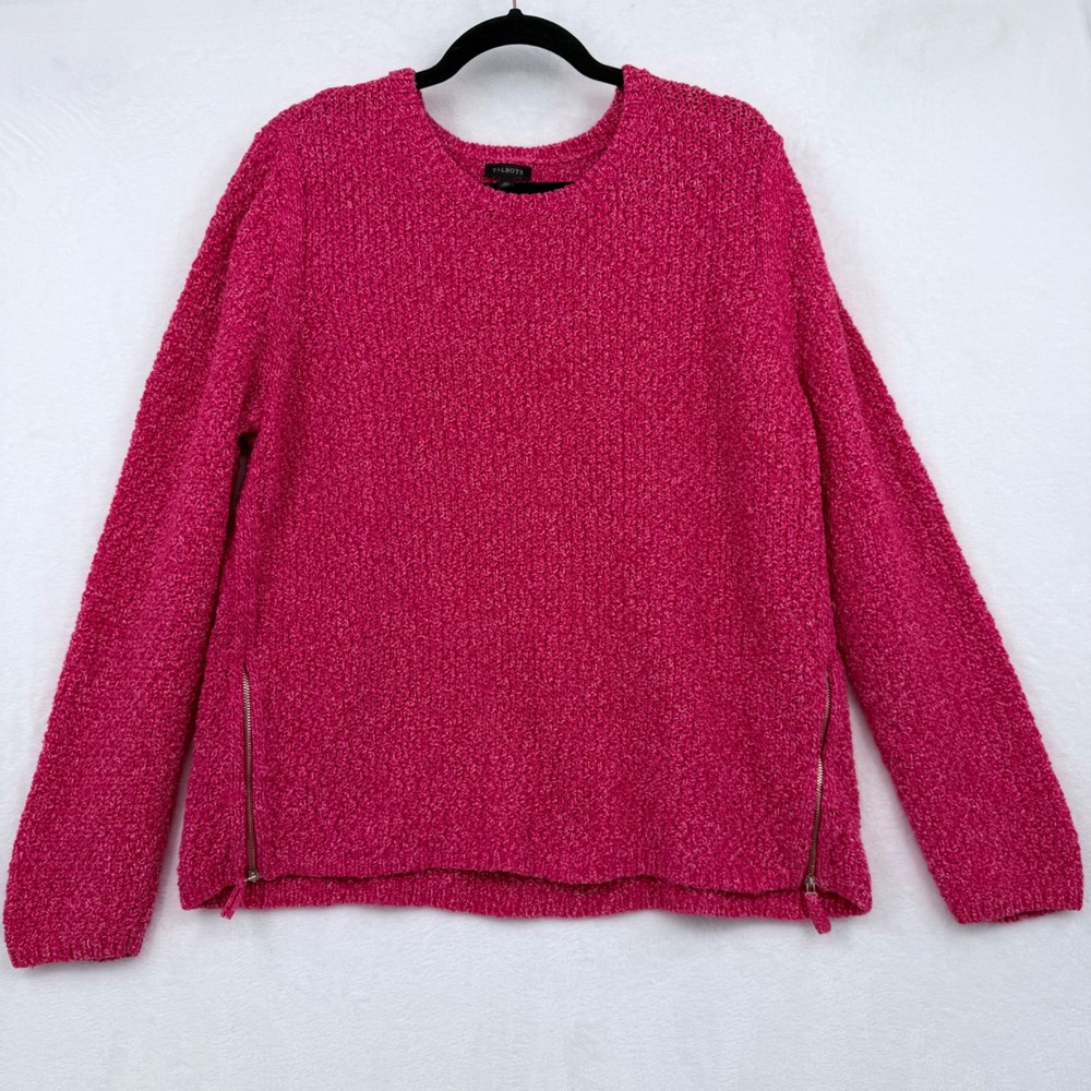Talbots XL Pink Cotton Chunky Knit Sweater Crew Neck Casual Coastal Bright